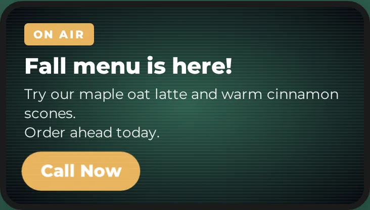 Promo banner reading Fall menu is here! with a Call Now button