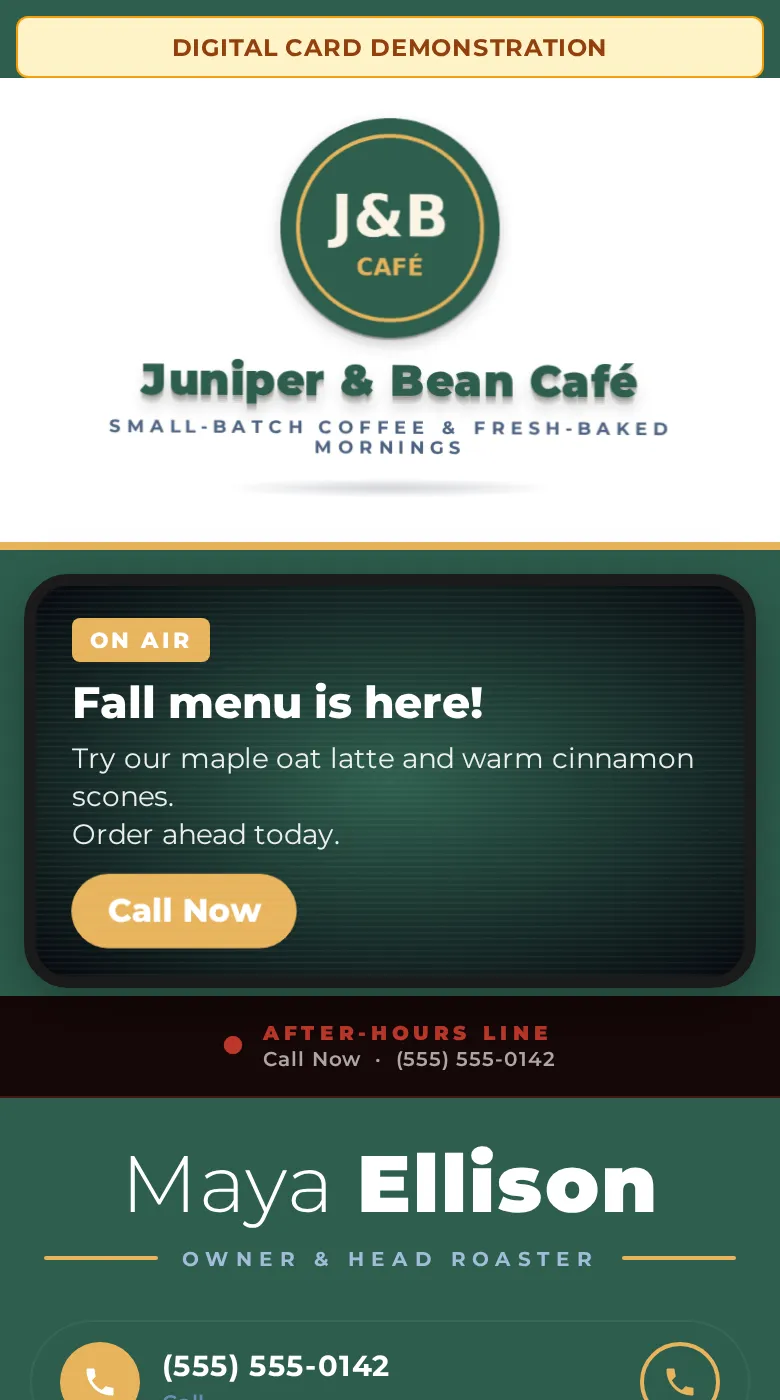 Top of the Juniper & Bean demo card with the Motion Upgrade: 3D logo header and motion promo banner