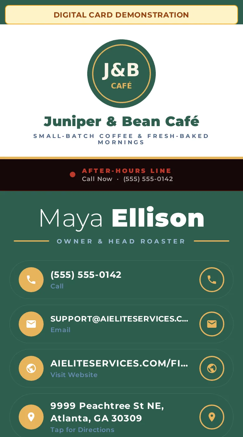 Top of the Juniper & Bean static sample card: still logo and tagline, no banner